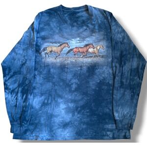 The Mountain Mens Blue Tie Dye Long Sleeve Horse Graphic T-Shirt Size Large